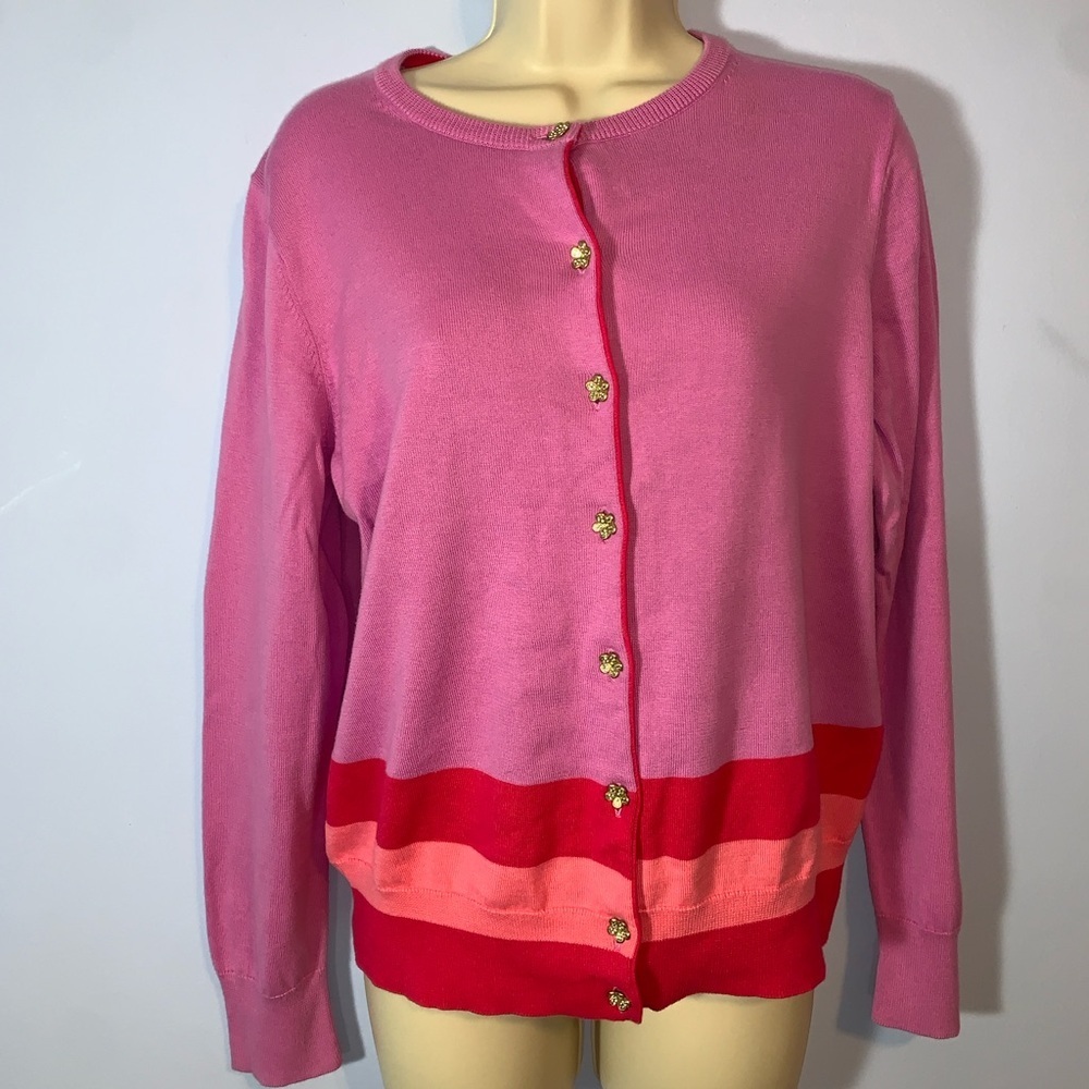 Lands end Pink and Red Women's cardigan supima cotton Sweater flower button Med